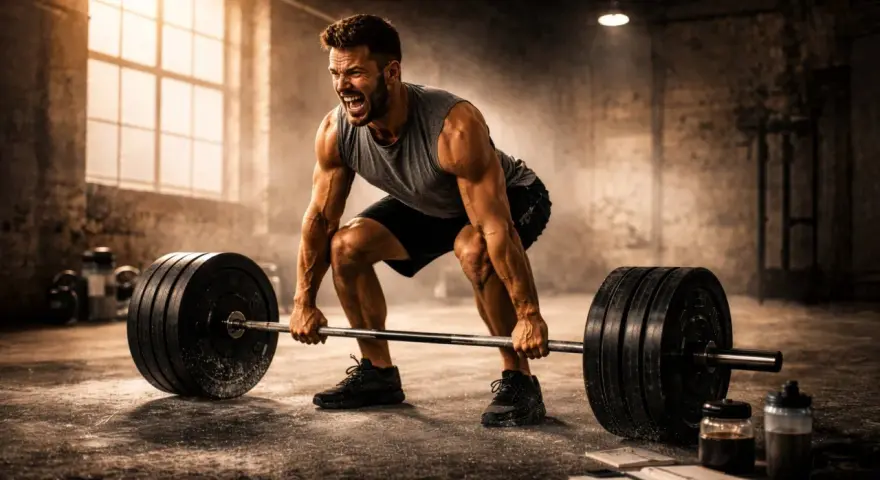 Man med en imponerande crossfit kropp lyfter tung skivstång i ett dammigt gym.