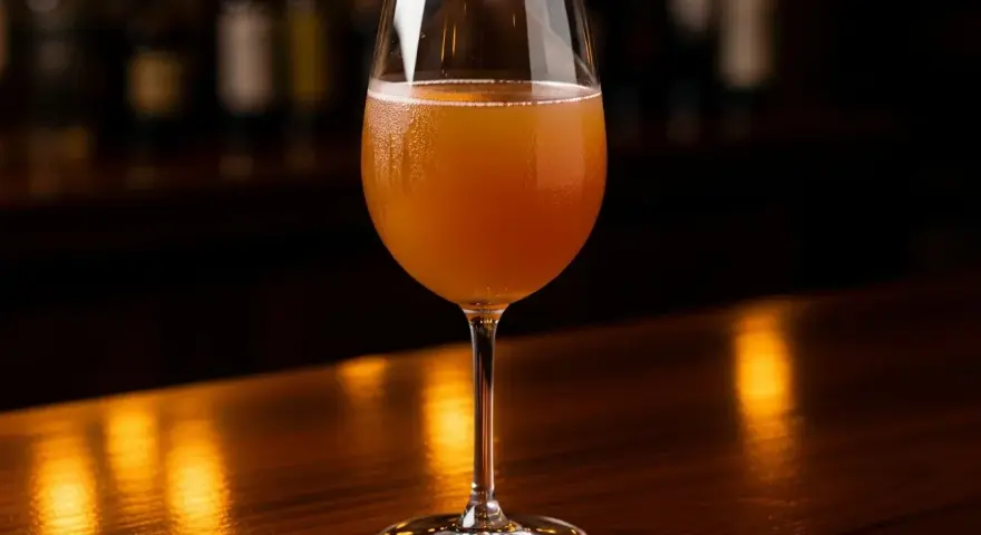 Ett glas med gyllene vit sangria står på en träyta. Perfekt för ett somrigt vit sangria recept.