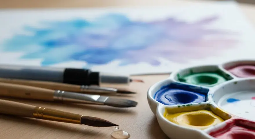 Un pinceau et une palette d'aquarelle colorée, prêts à créer une œuvre d'art sur une feuille blanche.
