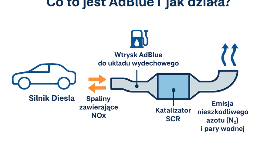 Schemat wyjaśnia, co to jest AdBlue i jak działa: wtrysk AdBlue do układu wydechowego silnika Diesla redukuje szkodliwe spaliny NOx.
