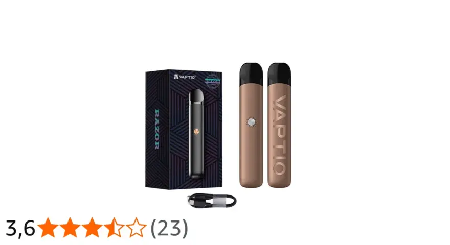 Dos vaper ronda Vaptio Razor en color bronce y uno en caja, junto a su cable de carga.