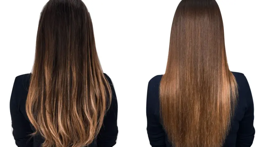Antes y después de la taninoplastia: cabello rizado y opaco transformado en liso y brillante.