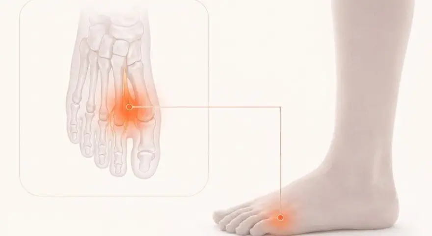 Illustration av en fot med markerad smärta i framfoten, relaterat till plantar fasciit.