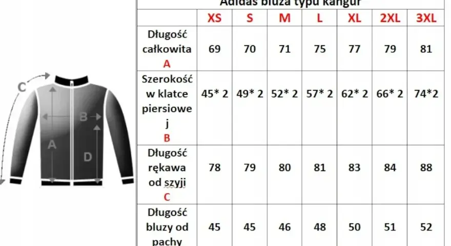 Tabela rozmiarów męskiej bluzy Adidas typu kangur. Rozmiar L ma wymiary: długość całkowita 75 cm, szerokość w klatce 57*2 cm, długość rękawa od szyi 81 cm, długość bluzy od pachy 48 cm.