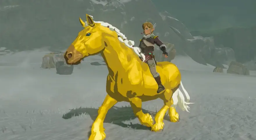 Link cabalga sobre el fiel caballo dorado de Zelda en un paisaje nevado.