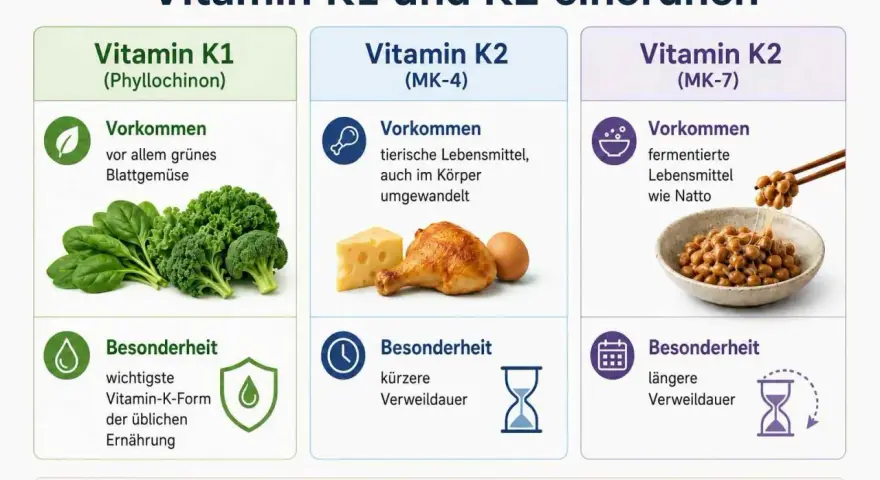Vergleich von Vitamin K1 in grünem Gemüse und Vitamin K2 in tierischen Produkten und Natto. K1 ist die Hauptform in der Ernährung.