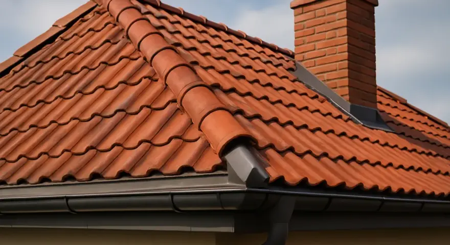 Czerwona dachówka tworzy solidne opierzenie dachu, chroniąc dom przed deszczem. Kominek z cegły dodaje uroku.