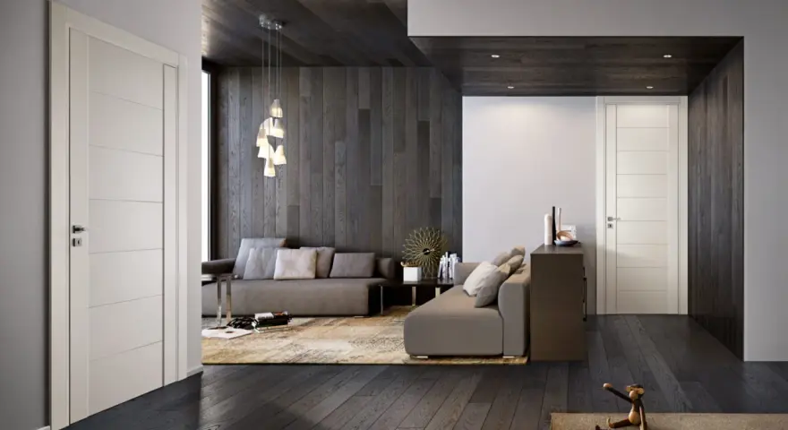 Interni moderni con infissi marroni e porte bianche. Un salotto accogliente con divani grigi, tappeto beige e un'elegante lampada a sospensione.