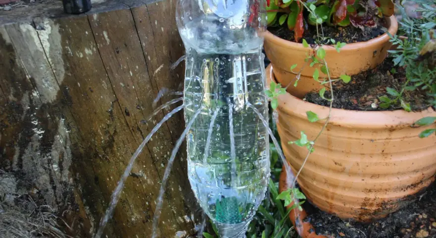 Ingegnosa irrigazione a goccia senza corrente con bottiglie di plastica, che forniscono acqua alle piante in vaso.