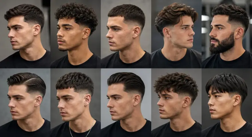 Männer mit verschiedenen modernen taper frisuren: von kurz und clean bis lockig und voluminös.
