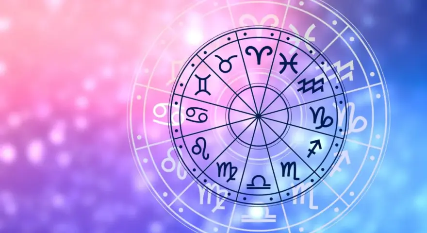Koło zodiaku z symbolami astrologicznymi, sugerujące szczęśliwe liczby dla bliźniąt i innych znaków.