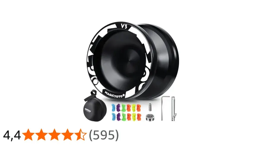 Svart yoyo med vita mönster, tillbehör och färgglada snören. Perfekt för alla yoyo-entusiaster.