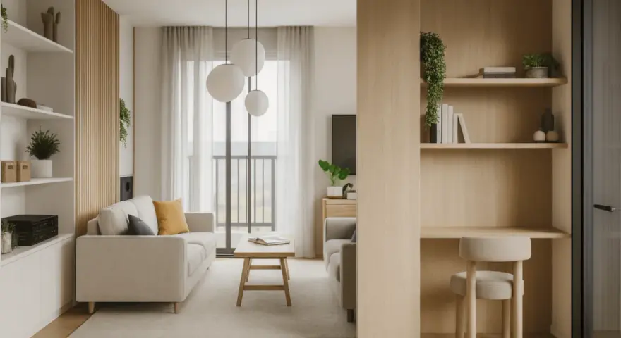 Soggiorno accogliente con divani chiari, tavolino in legno e mensole a vista. Un ambiente in stile minimal, con un tocco di calore dato dal legno.