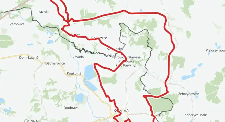 Mapa z zaznaczoną pętlą rowerową. Gdzie zacząć? Trasa prowadzi przez Łaziska, Karvinę i Jastrzębie-Zdrój.