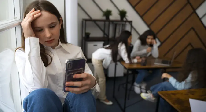 Dziewczyna z telefonem w dłoni, zmartwiona, siedzi przy oknie, podczas gdy inni są w tle.