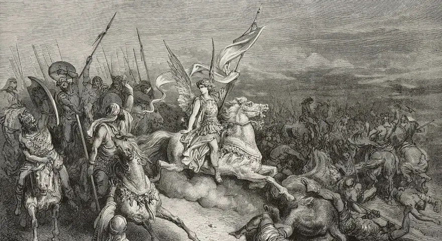 A winged figure on horseback, possibly representing the angel of death in the Bible, leads a chaotic battle with fallen soldiers.