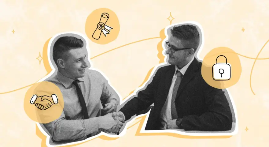 Deux hommes se serrent la main, symbolisant un lien de collaboration solide, avec des icônes de diplôme et de cadenas.