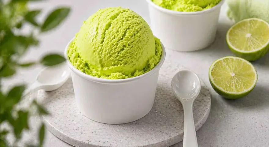 Erfrischendes Limetten-Eis in weißem Becher, dane zwei Limettenhälften. Der Brix Wert deutet auf Süße hin.