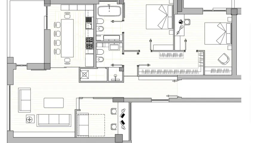 Progetto casa 120 mq un piano: pianta con soggiorno, cucina, sala da pranzo, due camere da letto, bagno e lavanderia.