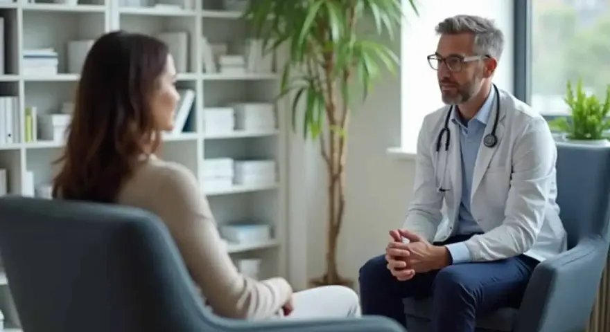 Un médecin du travail écoute attentivement une patiente, illustrant son rôle clé dans la gestion du burn-out et le soutien à la santé mentale au travail.