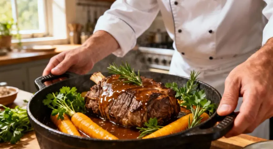 Un chef présente un rôti de veau en cocotte, savamment braisé avec des carottes et des herbes aromatiques.