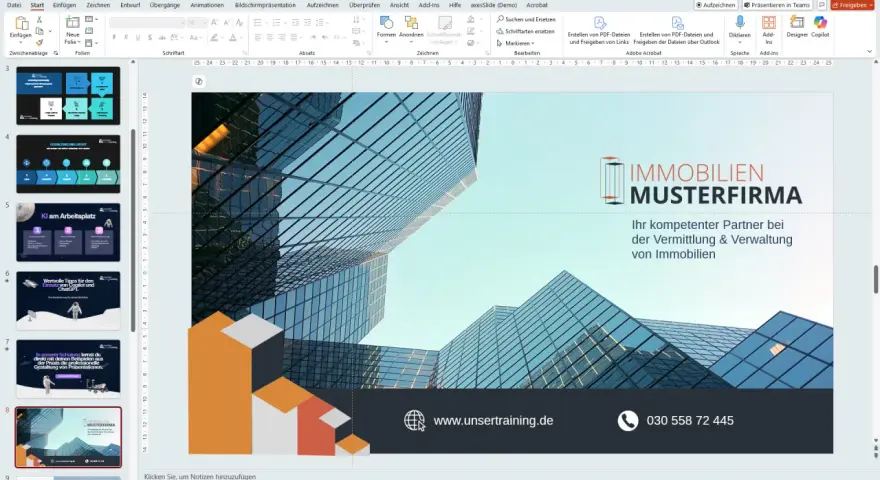 Eine PowerPoint-Präsentation mit einem modernen Design für eine Immobilienfirma.