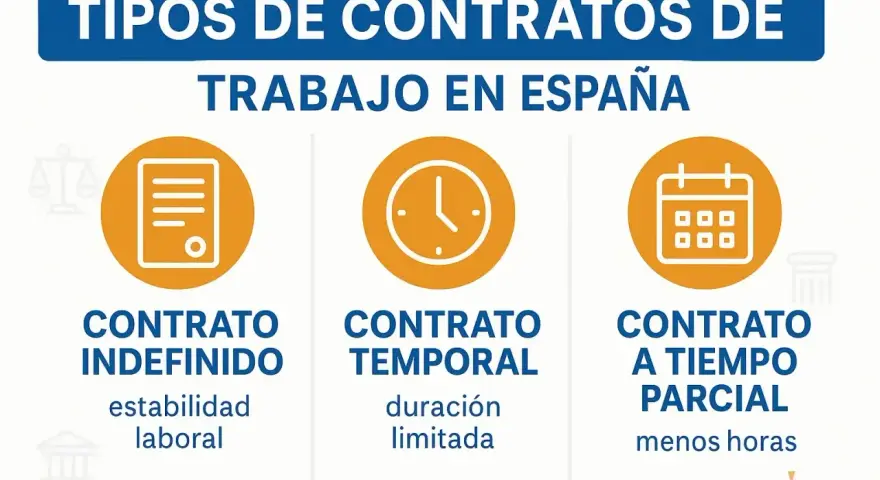 Ilustración de tipos de contratos laborales en España: contrato indefinido, temporal y a tiempo parcial. El contrato indefinido ofrece estabilidad laboral.