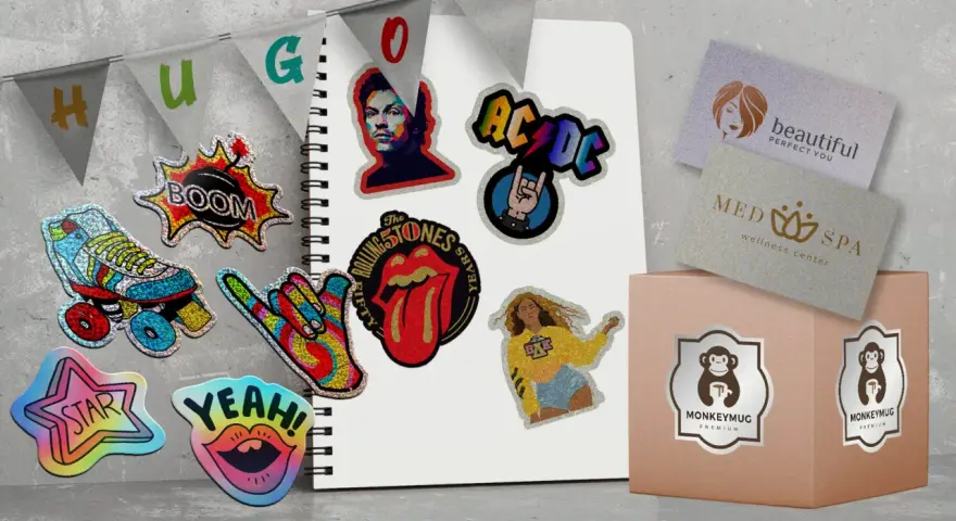 Variedad de ideas de pegatinas brillantes: patines, rock, estrellas, labios, y logos de bandas.