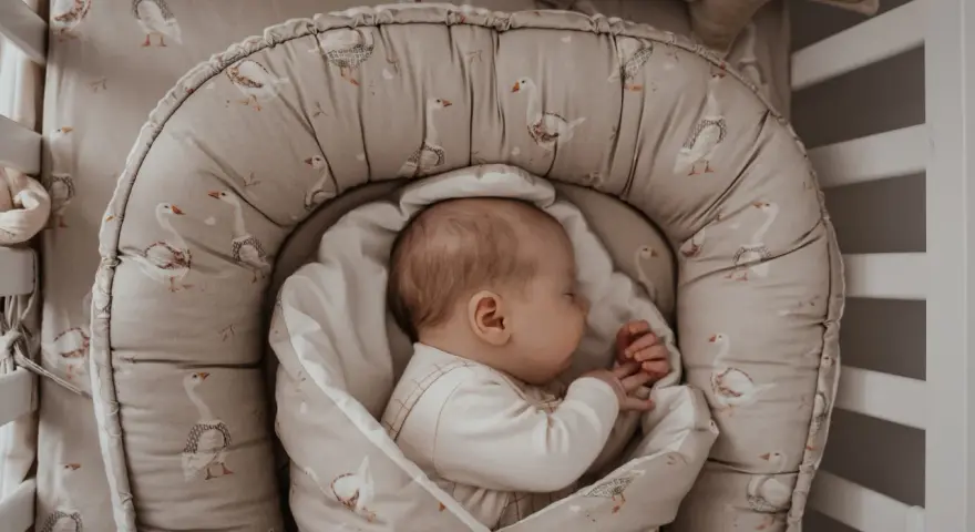 Śpiące dziecko w kokonie niemowlęcym z motywem gęsi. Czy warto zainwestować w taki kokon? Zapewnia poczucie bezpieczeństwa.