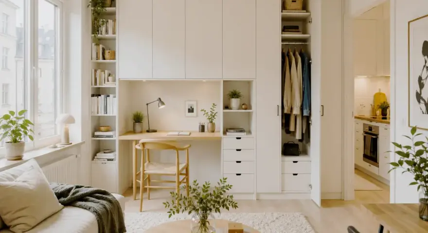 Ett hem med skandinavisk design. En soffa, ett runt soffbord och en inbyggd möbel med skrivbord, förvaring och garderob.