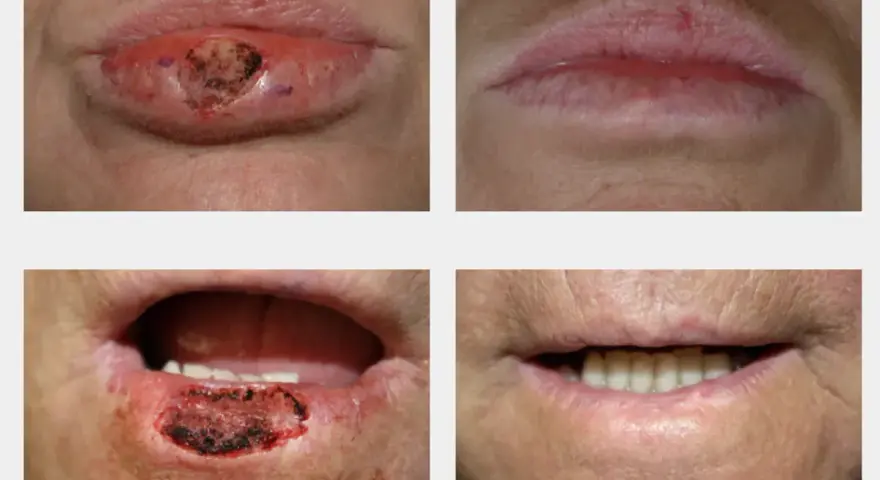 Prima e dopo il trattamento di una lesione labiale. Non si tratta di schiacciare punti neri sulle labbra, ma di una cura medica.