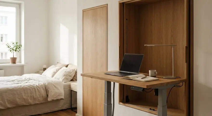 Minimalistyczne biurko inspiracje w sypialni. Drewniana wnęka skrywa regulowany blat z laptopem, lampką i notatnikiem. Obok łóżko i szafa.