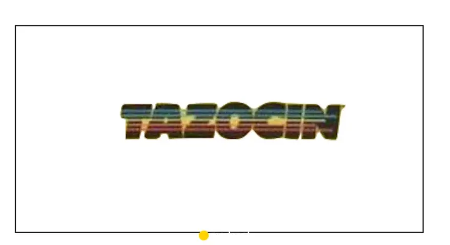 Napis TAZOCIN w stylu retro, z kolorowymi pasami.