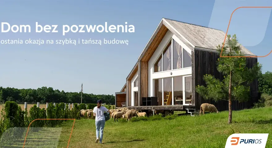 Nowy dom bez pozwolenia 100m2. Szybka i tańsza budowa. Stado owiec na zielonej łące.