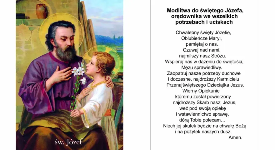 Św. Józef z Dzieciątkiem Jezus, obrazek z modlitwą do św. Józefa o pracę i opiekę.