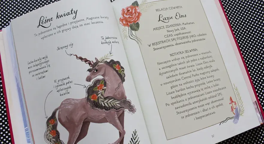 Ilustracja z baśni o jednorożcu. Magiczne stworzenie z leśnymi kwiatami we włosach i na ogonie.