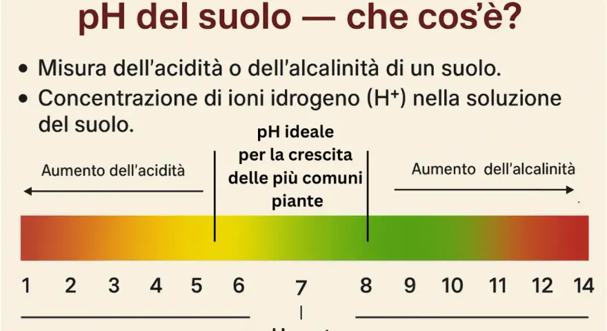 Grafico che illustra come misurare il pH del terreno, mostrando la scala da acido ad alcalino e il pH ideale per le piante.
