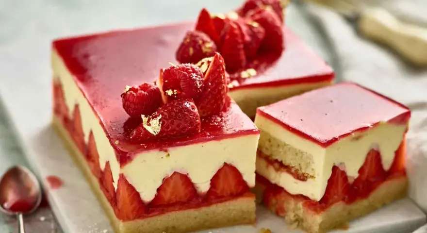 Deliziosa torta di fragole con strati di crema, fragole fresche e gelatina rossa, guarnita con frutti di bosco e foglia d'oro.