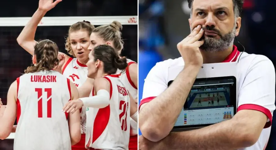 Siatkarki w biało-czerwonych strojach świętują, a trener analizuje grę na tablecie. Reprezentacja kobiet w siatkówce w akcji.
