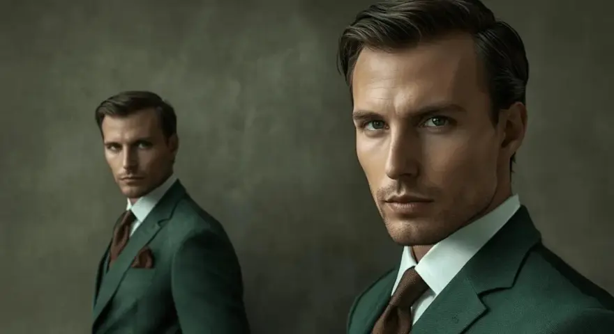 Elegancki mężczyzna w zielonym garniturze i brązowym krawacie. Idealna inspiracja, jaki krawat do zielonego garnituru.