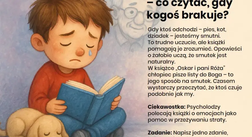 Chłopiec z pieskiem czyta książkę, smutny. Obok unosi się duch dziadka. To o tym, jak biblioterapia pomaga zrozumieć smutek po stracie.