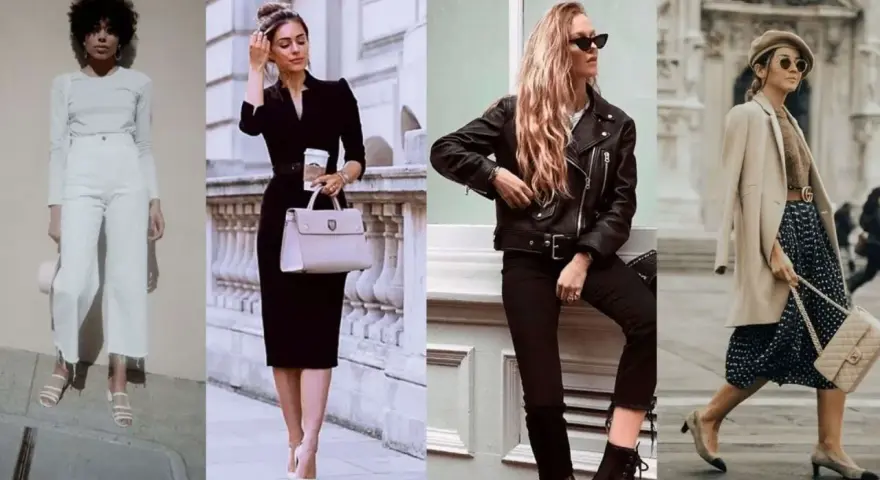 Quatre femmes stylées se mettent en valeur avec des tenues chics : blanc, noir, cuir et imprimé.