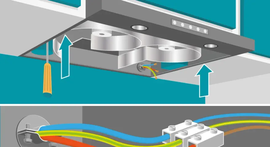 Instalar tubo campana extractora: conexión de cables eléctricos y montaje de la campana.