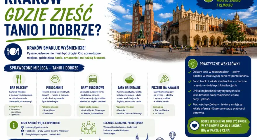 Kraków: gdzie zjeść tanio i dobrze? Sprawdzone miejsca: bary mleczne, pierogarnie, burgery, kuchnia orientalna, pizza na kawałki. Smacznie i na każdą kieszeń!