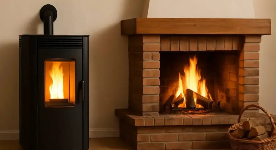 Stufa a pellet moderna e camino in mattoni con fuoco vivo. Un cesto di legna completa la scena, un vero bonus per le tue stufe a legna.