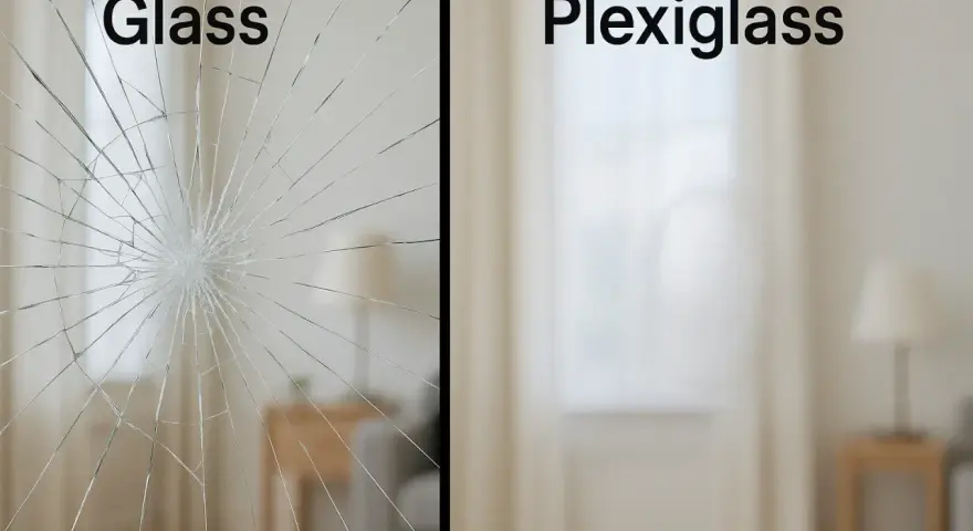 Split image shows cracked glass on left, and intact plexiglass on right. Considering plexiglass for a window?