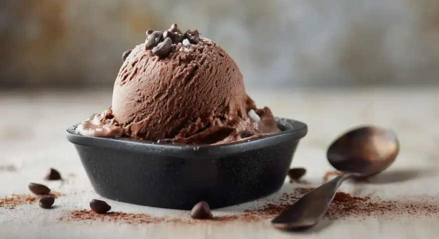 Ein Löffel Simons Eis, schokoladig und cremig, wartet neben Kakaopulver und Schokostückchen auf den Genuss.