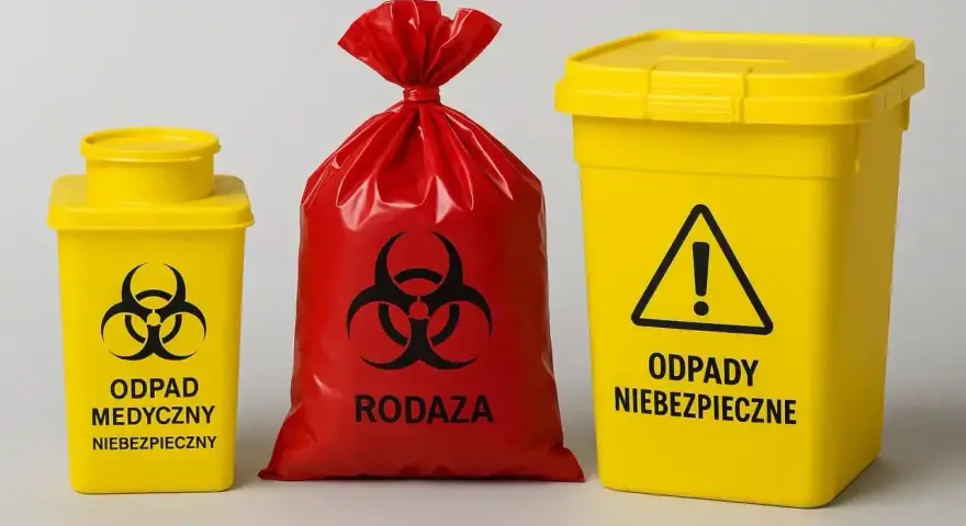 Żółte pojemniki i czerwony worek z symbolem biohazardu. Oznaczenia: "ODPAD MEDYCZNY NIEBEZPIECZNY", "RODAZA", "ODPADY NIEBEZPIECZNE". Kod odpadu 18 01 04.