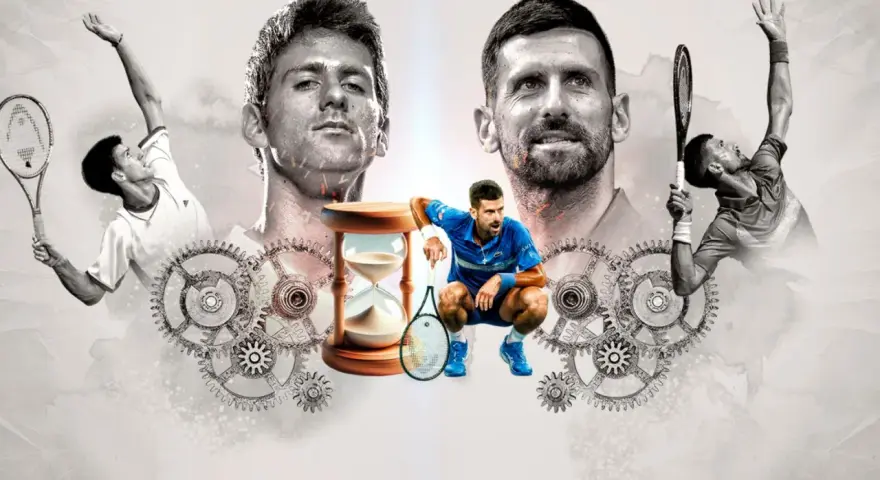 Novak Djokovic, con su mirada intensa, rodeado de engranajes y un reloj de arena, evoca la pregunta: ¿cuántos Roland Garros tiene Djokovic?