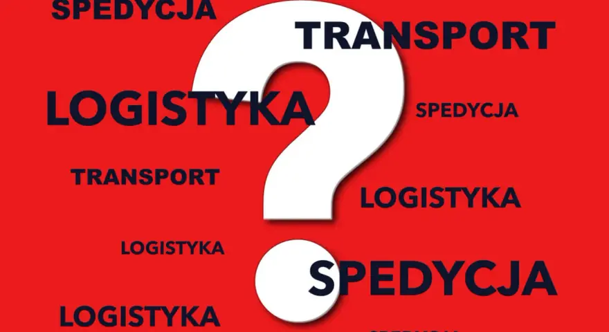 Biały znak zapytania na czerwonym tle otoczony słowami: logistyka, spedycja, transport.